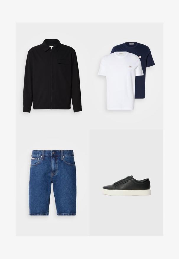 Musta pitkähihaine paita, jossa on kauluksellinen kaulus, edessä vetoketju ja rintatasku. Valmistettu teksturoidusta kankaasta, jossa on rento istuvuus.; Puuvillapaita pakkaus valkoisena ja tummansinisenä. Jokaisessa on pyöreä pääntie, lyhyet hihat ja pieni logopatch rintamalla.; Tummansiniset farkkushortsit, joissa on klassinen viiden taskun muotoilu, näkyvät ompeluakoristukset ja suora istuvuus, sekä polvenmittainen leikkaus.; Mustat nahkasneakersit rei'itetyllä pinnalla, pyöreällä varvalla ja litteällä valkoisella kumipohjalla. Varustettu mustilla nauhoilla ja hienovaraisella logolla sivussa.