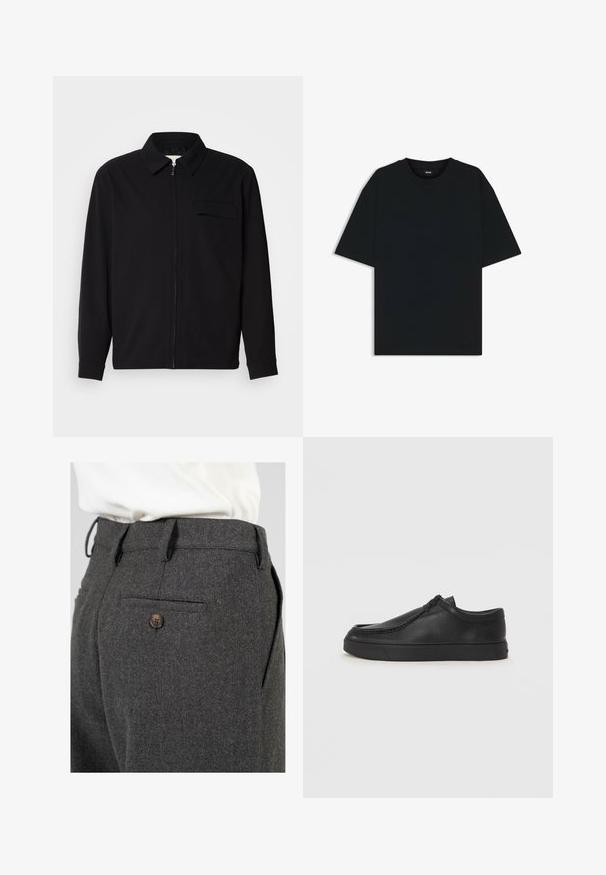 Czarna koszula z długim rękawem z kołnierzykiem, z zapięciem na suwak z przodu oraz kieszonką na piersi. Wykonana z teksturowanej tkaniny o luźnym kroju.; Czarny bawełniany t-shirt z okrągłym dekoltem i krótkimi rękawami. Charakteryzuje się luźnym krojem i prostym designem, bez wzorów czy akcentów.; Szare wełniane spodnie z teksturowanym wykończeniem, z jedną tylną kieszenią zapinaną na brązowy guzik oraz szlufkami na pasek w talii.; Czarne skórzane buty wsuwane z okrągłym noskiem, przeszyciami i czarną gumową podeszwą. Gładka faktura z minimalistycznym wzornictwem.