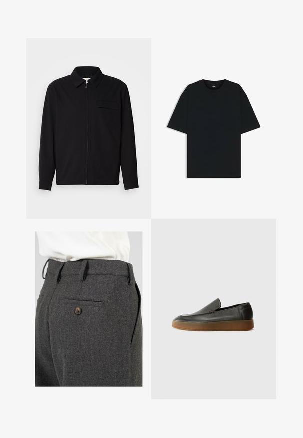 Czarna koszula z długim rękawem z kołnierzykiem, z zapięciem na suwak z przodu oraz kieszonką na piersi. Wykonana z teksturowanej tkaniny o luźnym kroju.; Czarny bawełniany t-shirt z okrągłym dekoltem i krótkimi rękawami. Charakteryzuje się luźnym krojem i prostym designem, bez wzorów czy akcentów.; Szare wełniane spodnie z teksturowanym wykończeniem, z jedną tylną kieszenią zapinaną na brązowy guzik oraz szlufkami na pasek w talii.; Calvin Klein HYBRID CUP ciemnobrązowy