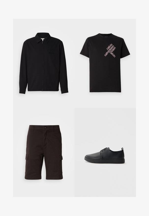 Maglietta nera a maniche lunghe con colletto, chiusura frontale con zip e taschino sul petto. Realizzata in tessuto testurizzato con una vestibilità rilassata.; T-shirt in cotone nero con stampa diagonale del logo "calvin klein" in rosa sul davanti. Maniche corte e scollo rotondo.; Pantaloni cargo neri con chiusura a bottone, tasche laterali e taglio dritto. Realizzati in tessuto resistente, caratterizzati da una texture liscia.; Sneaker in pelle nera con finitura liscia, punta arrotondata, cuciture tono su tono, chiusura con lacci frontale e suola piatta in gomma. Anello sul tallone.