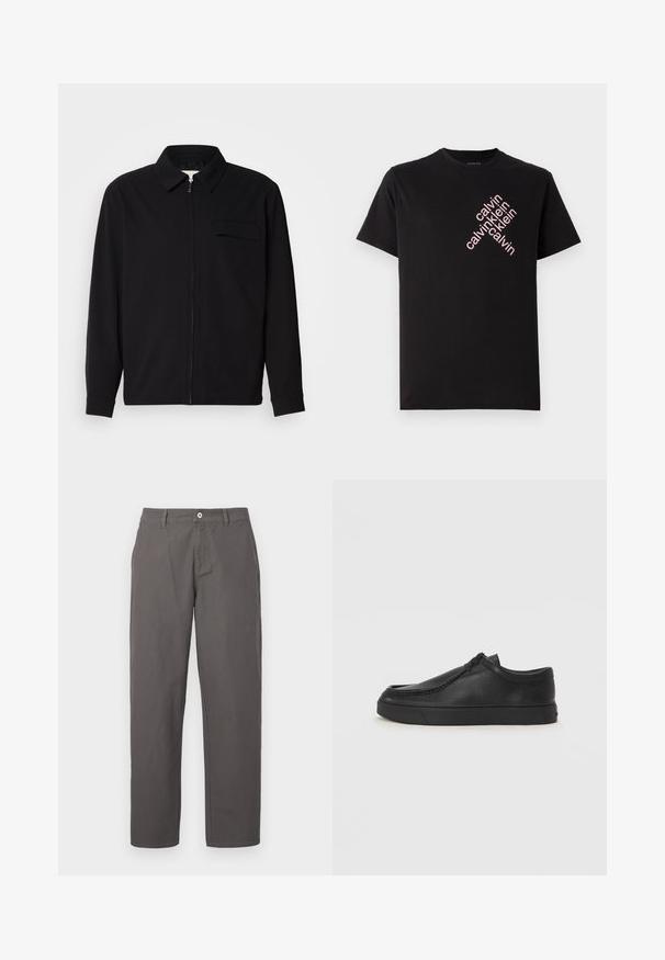 Zwarte lange mouwen shirt met een kraaghals, voorste rits sluiting en een borstzak. Gemaakt van een gestructureerde stof met een relaxte pasvorm.; Zwarte katoenen T-shirt met een diagonale roze "calvin klein" logo-print op de voorkant. Korte mouwen en een ronde halslijn.; Grijze katoenen broeken met een recht model, voorzien van een knoop en ritssluiting aan de voorkant, en zijzakken. Gladde textuur, geen patronen.; Zwarte leren instapschoen met een ronde neus, gestikte details en een zwarte rubberen zool. Soepele textuur met een minimalistisch ontwerp.