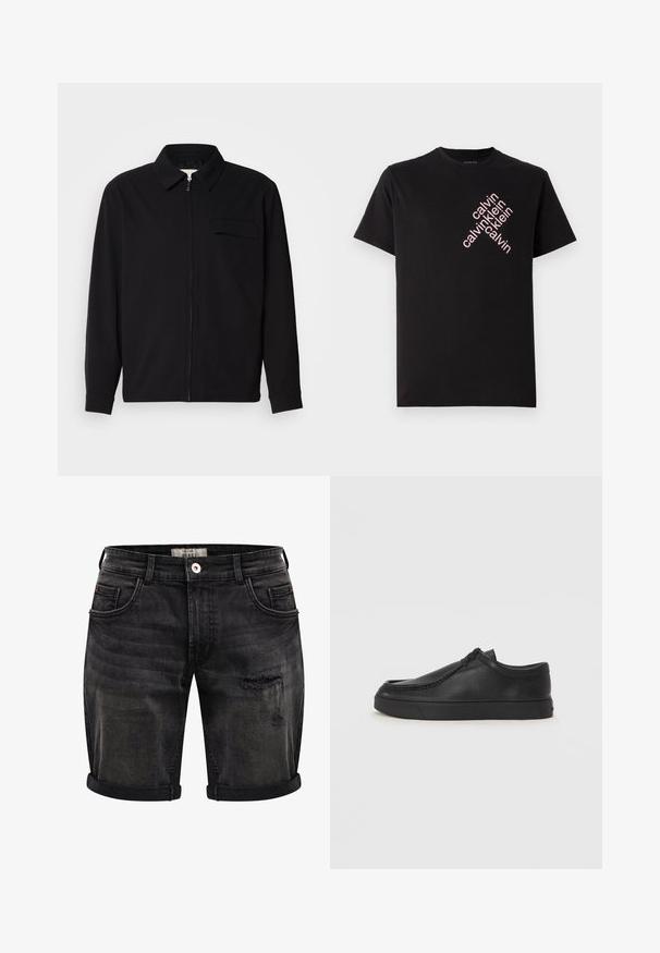 Svart langermet skjorte med krage, frontlås og brystlomme. Laget av teksturert stoff med en avslappet passform.; Svart bomull T-skjorte med skrå rosa "calvin klein" logo trykk foran. Korte ermer og rund halslinning.; Svart denimshorts med slitt finish, med rullede mansjetter, fem-lommers design og subtil fading for tekstur og detaljer.; Sorte skinnsko uten snøring med rund tå, sydd detaljer og svart gummisåle. Glatt tekstur med minimalistisk design.