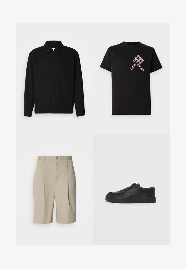 Črna dolgoročna majica z ovratnikom, sprednjim zadrgo in žepom na prsih. Narejena iz teksturirane tkanine z sproščenim krojem.; Črna bombažna majica s kratkimi rokavi, ki ima diagonalno roza logotip "calvin klein" natisnjen na sprednji strani. Ima okroglo izrez.; Bež pametne kratke hlače z nabranim sprednjim delom, zapiranjem na gumb ob pasu in stranskimi žepi. Gladka tekstura in dolžina do kolen.; Črne usnjene natikače s zaobljenim prstom, šivanim detajlima in črnim gumijastim podplatom. Gladka tekstura z minimalističnim dizajnom.