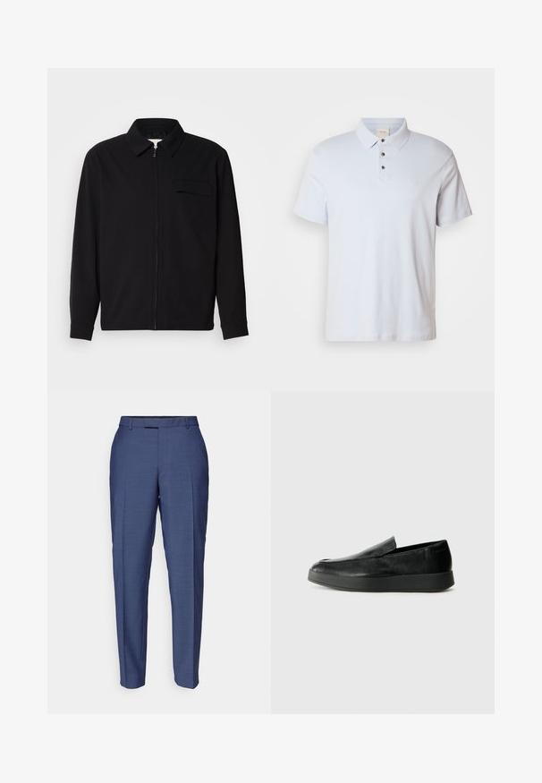 Čierna košeľa s dlhým rukávom, so golierom, predným zipsom a vreckom na hrudi. Vyrobená z textúrovanej tkaniny s voľným strihom.; Svetlo modrá polo košeľa vyrobená z bavlny, s trojicou gombíkov na zapínanie, s preloženým golierom, krátkymi rukávmi a malým logom na hrudi.; Modré upravené nohavice z textúrovanej látky. Majú plochý predný diel, pútka na opasok a úzky strih s zužujúcimi sa nohavicami.; Calvin Klein HYBRID CUP - Našuchovačky - triple black