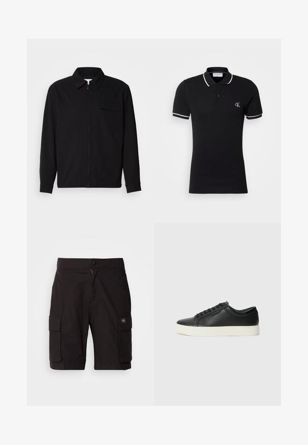 Svart långärmad skjorta med krage, framfickslås och bröstficka. Tillverkad av strukturerad tyg med avslappnad passform.; Svart polo skjorta i bomull, med en lätt stretch, vit krage och ärmsöm, samt en liten logotyp på bröstet.; Svarta cargoshorts i lättviktsmaterial. Har knapp- och dragkedjestängning, två sidofickor och stickade detaljer.; Svarta lädersneakers med perforerad textur, rund tå och platt vit gummisula. Har svarta snören och en diskret logotyp på sidan.