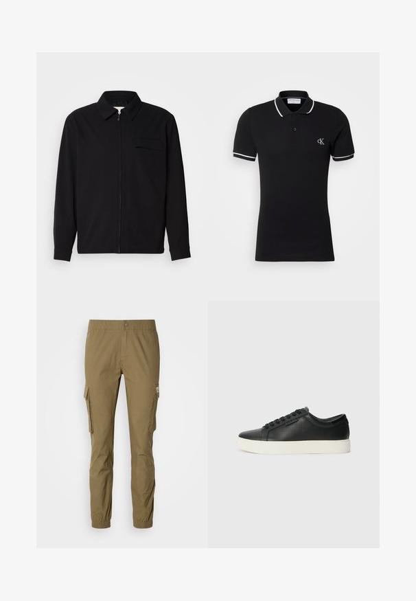Zwarte lange mouwen shirt met een kraaghals, voorste rits sluiting en een borstzak. Gemaakt van een gestructureerde stof met een relaxte pasvorm.; Zwarte polo gemaakt van katoen, met een lichte stretch, voorzien van een witte kraag en mouwversiering, en een klein logo op de borst.; Cargobroek in olijfgroen, met een elastische tailleband, zijzakken en taps toelopende benen met elastische boorden. Gemaakt van duurzaam materiaal.; Zwarte leren sneakers met geperforeerde structuur, ronde neus en platte witte rubberen zool. Voorzien van zwarte veters en een subtiel logo aan de zijkant.