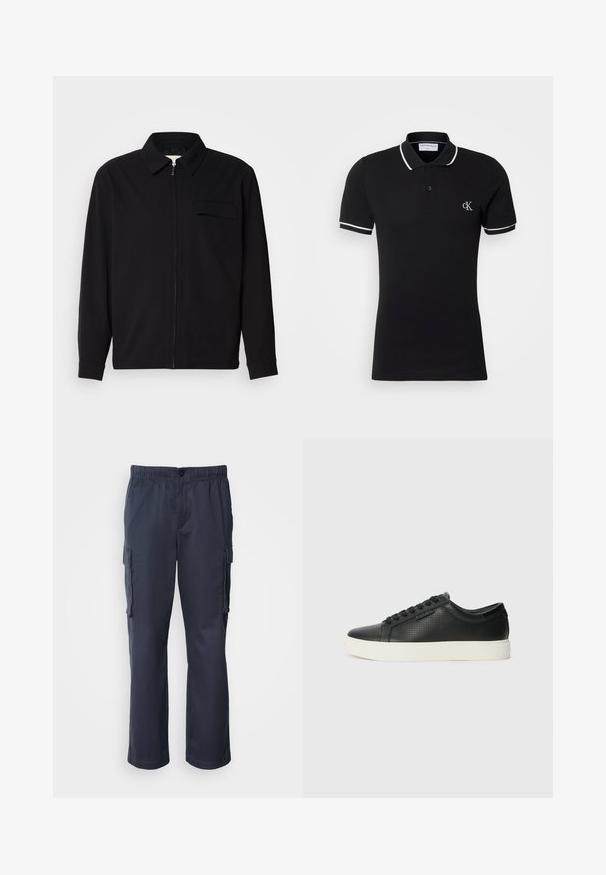 Musta pitkähihaine paita, jossa on kauluksellinen kaulus, edessä vetoketju ja rintatasku. Valmistettu teksturoidusta kankaasta, jossa on rento istuvuus.; Musta polo-paita, joka on valmistettu puuvillasta, hieman joustava, valkoisella kauluksella ja hihojen reunuksilla, sekä pienellä logolla rinnassa.; Farkut navy blue, valmistettu kevyestä kankaasta, jossa on elastinen vyötärö, kaksi sivutaskua ja kaksi cargo-taskua.; Mustat nahkasneakersit rei'itetyllä pinnalla, pyöreällä varvalla ja litteällä valkoisella kumipohjalla. Varustettu mustilla nauhoilla ja hienovaraisella logolla sivussa.