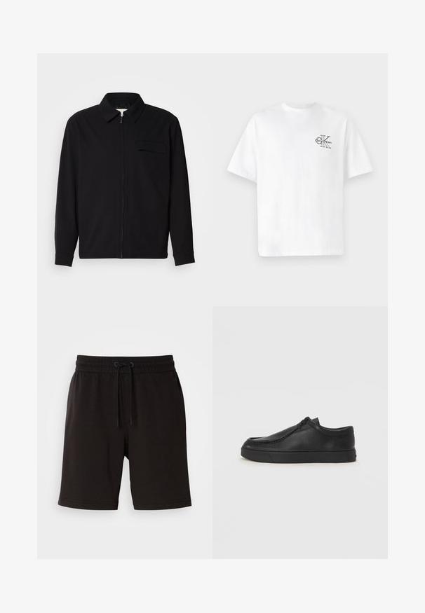 Juodas ilgomis rankovėmis marškinis, turintis apykaklės iškirptę, priekinį užtrauktuką ir krūtinės kišenę. Pagamintas iš tekstūruoto audinio, turinčio laisvą kirpimą.; Balta medvilninė marškinėliai su trumpomis rankovėmis, apvalia kaklo iškirpte, kairėje krūtinės pusėje esantis juodas CK logotipas, standartinio kirpimo, lygus paviršius.; Juodi medvilniniai šortai su elastinga juosta, raišteliu, šoninėmis kišenėmis ir laisvu siluetu. Lygios tekstūros ir kelio ilgio dizainas.; Juodos odinės supjamintus batelius su apvaliu pirštu, siuvinėtu akcentu ir juodu guminiu padu. Lygus tekstūra su minimalistišku dizainu.