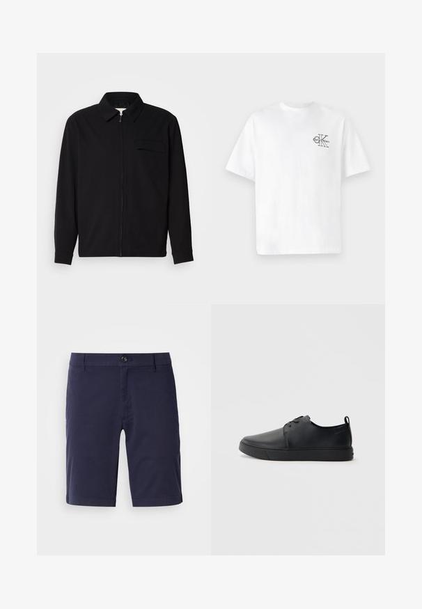 Čierna košeľa s dlhým rukávom, so golierom, predným zipsom a vreckom na hrudi. Vyrobená z textúrovanej tkaniny s voľným strihom.; Biela bavlnená tričko s krátkymi rukávmi a okrúhlym výstrihom, s čiernym logom CK na ľavej strane hrude, štandardná veľkosť, hladká textúra.; Námornícke modré šortky s rovnou prednou časťou, so zapínaním na gombík a bočnými vreckami. Vyrobené z ľahkého materiálu s hladkou textúrou.; Čierne kožené tenisky s hladkým povrchom, zaoblenou špičkou, tonálnym šitím, šnurovaním vpredu a plochou gumovou podrážkou. Obojok na päte.