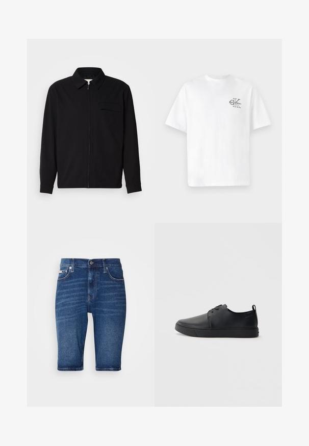 Crna majica dugih rukava s ovratnikom, prednjim zatvaračem i džepom na prsima. Izrađena od teksturiranog materijala s opuštenim krojem.; Bjela pamučna majica kratkih rukava, okruglog izreza, s crnim CK logom na lijevoj strani prsnog dijela, standardnog kroja, glatke teksture.; Plave traperice kratke hlače ravnog kroja, s pet džepova i vidljivim detaljima šivanja. Materijal ima glatku teksturu s blagim izblijedjenjem.; Crne kožne tenisice s glatkom površinom, zaobljenim vrhom, tonom prošivanja, vezanjem sprijeda i ravnim gumenim potplatom. Oko pete se nalazi učka.