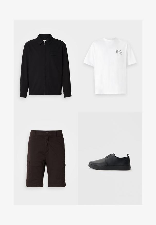 Melna garām piedurknēm krekls ar apkakles izgriezumu, priekšējo rāvējslēdzēju un krūšu kabatu. Izgatavots no teksturēta auduma ar brīvu piegriezumu.; Balta kokvilnas T-krekls ar īsām piedurknēm, apaļo kaklu, ar melnu CK logotipu kreisajā krūšu zonā, standarta piegriezums, gluda tekstūra.; Melni kravas šorti ar pogu aizdari, sānu kabatām un taisnu piegriezumu. Izgatavoti no izturīga auduma, kas izceļas ar gludu tekstūru.; Melnas ādas kedas ar gludu apdari, noapaļota purngala, tonāla šuvēm, auklu fronti un plakanu gumijas zoli. Cilpa pie papēža.