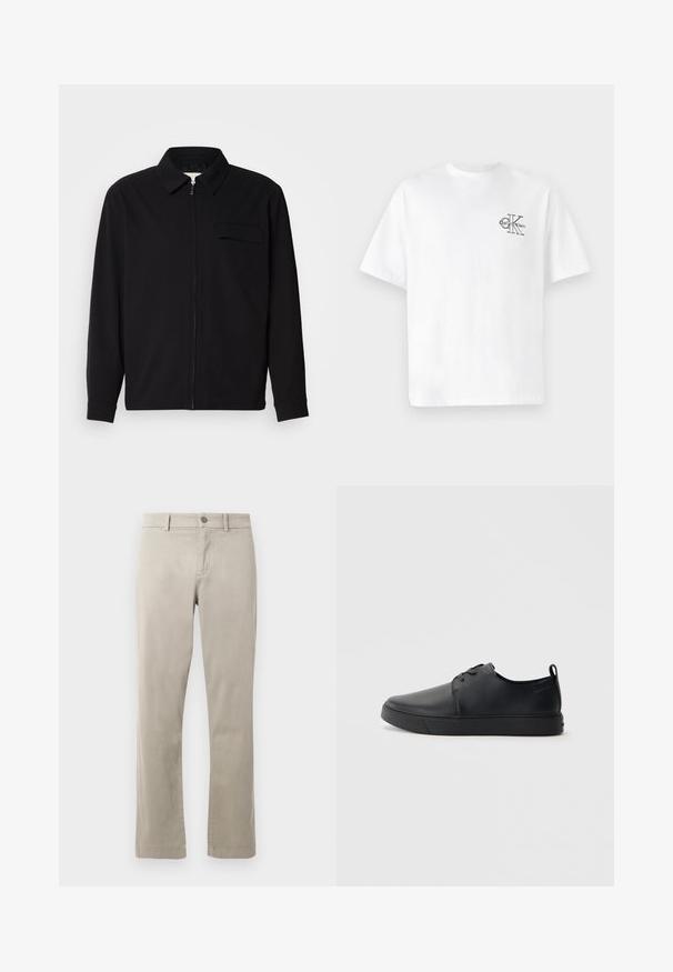 Black long-sleeve shirt featuring a collared neckline, front zip closure, and a chest pocket. Made of textured fabric with a relaxed fit.; White cotton t-shirt with short sleeves, crew neck, featuring a black CK logo on the left chest area, standard fit, smooth texture.; Beige cotton chinos with a straight leg design, featuring a button closure and front pockets. Smooth texture with subtle stitching details.; Black leather sneaker with a smooth finish, rounded toe, tonal stitching, lace-up front, and a flat rubber sole. Loop at the heel.