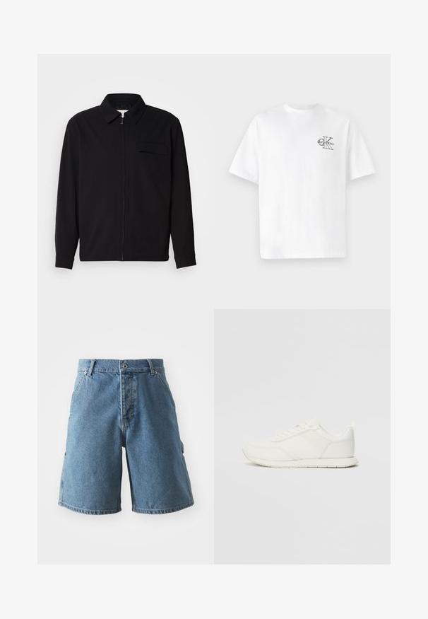 Čierna košeľa s dlhým rukávom, so golierom, predným zipsom a vreckom na hrudi. Vyrobená z textúrovanej tkaniny s voľným strihom.; Biela bavlnená tričko s krátkymi rukávmi a okrúhlym výstrihom, s čiernym logom CK na ľavej strane hrude, štandardná veľkosť, hladká textúra.; Džínové kraťasy v svetlomodrej farbe. Obsahujú klasický dizajn s piatimi vreckami, zapínanie na gombík a rovný strih. Materiál vyzerá mäkko s miernym poškodením.; Biele tenisky s sieťovaným a syntetickým zvrškom, okrúly špička, ploché šnúrky a štruktúrovaný pruh na boku. Gumová podrážka s pútkom na zadnej strane.