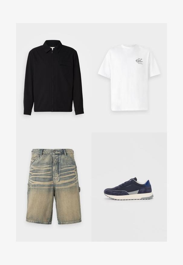 Musta pitkähihaine paita, jossa on kauluksellinen kaulus, edessä vetoketju ja rintatasku. Valmistettu teksturoidusta kankaasta, jossa on rento istuvuus.; Valkoinen puuvillapaita lyhyillä hihoilla, pyöreä kaula-aukko, jossa on musta CK-logo vasemmassa rinnassa, normaali istuvuus, sileä pinta.; Denim cargo shorts dengan gradasi biru pudar dan beige. Dilengkapi dengan dua saku samping, penutupan kancing, dan aksen jahitan.; Tummansinisiä lenkkareita, joissa on nubukista ja kankaasta valmistettu yläosa, harmaat korostukset, valkoinen välipohja ja teksturoitu kumipohja. Varustettu nauhoilla sulkeutuvalla kärjellä ja logolla.