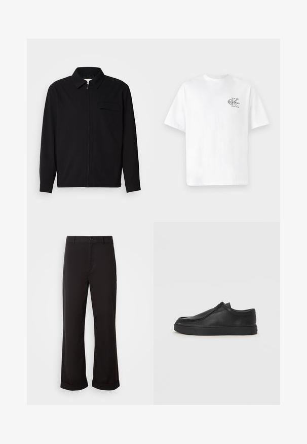Must valgade varrukatega must särk, millel on krae, ees tõmbluku sulgemine ja rinna tasku. Valmistatud tekstuurilisest kangast ning mugav lõige.; Valge puuvillane T-särk lühikeste varrukatega, ümmarguse kaelusega, mille vasakul rinnal on must CK logo, tavaprofiil, sile tekstuur.; Mustad sirgedega mustad püksid, valmistatud kergest kangast. Omavad klassikalist nuppude sulgemist ja rullitud ääri.; Must na ostri varvastega musta nahast libisemisega king, millel on tikand ja must kummitald. Sile tekstuur ja minimalistik disain.