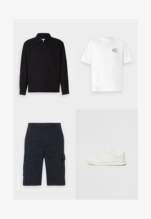 Juodas ilgomis rankovėmis marškinis, turintis apykaklės iškirptę, priekinį užtrauktuką ir krūtinės kišenę. Pagamintas iš tekstūruoto audinio, turinčio laisvą kirpimą.; Balta medvilninė marškinėliai su trumpomis rankovėmis, apvalia kaklo iškirpte, kairėje krūtinės pusėje esantis juodas CK logotipas, standartinio kirpimo, lygus paviršius.; Tamsiai mėlyni šortai pagaminti iš medvilnės, turintys dvi šonines kišenes, mygtuko uždarymą ir tiesią iškirptę. Lygi tekstūra.; Balti sportbačiai su tinkline ir sintetine viršutine dalimi, apvaliu nosiu, plokščiomis raištelėmis ir tekstūruota šonine juosta. Guma, kurios padas su vilkimo kilpute gale.