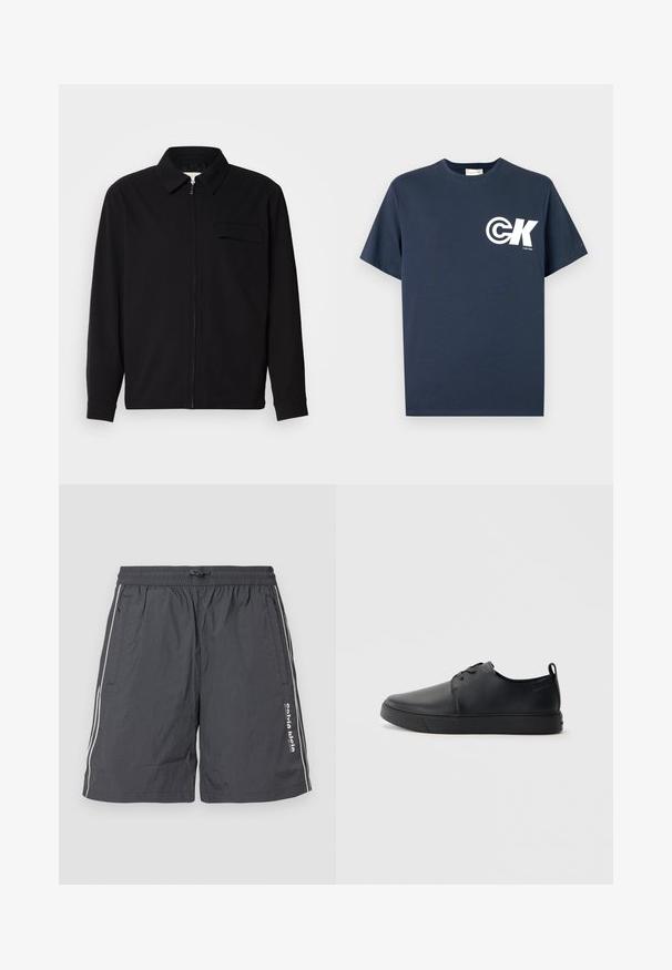 Juodas ilgomis rankovėmis marškinis, turintis apykaklės iškirptę, priekinį užtrauktuką ir krūtinės kišenę. Pagamintas iš tekstūruoto audinio, turinčio laisvą kirpimą.; Tamsiai mėlynas trumpomis rankovėmis marškinėlis su apvalia iškirpte, kairėje krūtinės pusėje balta CK logotipu ir užrašu „Calvin Klein“.; Šviesiai pilki, lengvi šortai su elastine juosta ir raišteliu. Yra baltos šoninės juostelės ir logotipo detalė kairiajame šone.; Juodos odinės sportinės bateliai su lygiu paviršium, suapvalinta nosimi, toniniais siūlais, raištelių užsegimu priekyje ir plokščiu guminiu padu. Kilpelė ant kulno.