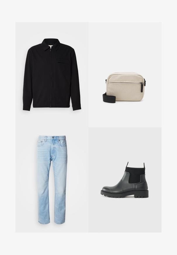 Črna dolgoročna majica z ovratnikom, sprednjim zadrgo in žepom na prsih. Narejena iz teksturirane tkanine z sproščenim krojem.; Črna polo majica, izdelana iz gladkega bombažnega materiala. Ima zapenjanje na dve gumbka, kratke rokave in diskreten logotip na prsih.; Svijetloplave traperice s ravnim nogavicama, s izblijedjelim dijelovima, pet džepova i klasičnim dugmadi za kopčanje.; Črne gležnjarje iz gume z mat površinom, ki se ponašajo s sleek dizajnom, elastičnimi paneli in debelim podplatom za boljši oprijem.; Kremno obarvana kordna torbica za čez ramo z črnim zadrgo, snemljivim trakom in strukturiranim vzorcem. Ima en glavni predel in sprednji žep.