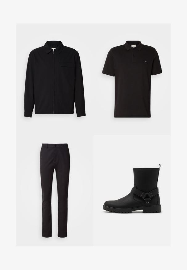 Svart långärmad skjorta med krage, framfickslås och bröstficka. Tillverkad av strukturerad tyg med avslappnad passform.; Svart bomullspolo med klassisk krage, två framknappar och en liten logotyp på vänster bröst. Korta ärmar och rak fåll.; Svarta byxor i slätt tyg, med knäppning, standard midja och raka ben. Inga synliga mönster eller dekorationer.; Svarta ankelstövlar med en texturerad läderövre, med en sidrem med metallaccenter och en gummisula med mönster för bra grepp.
