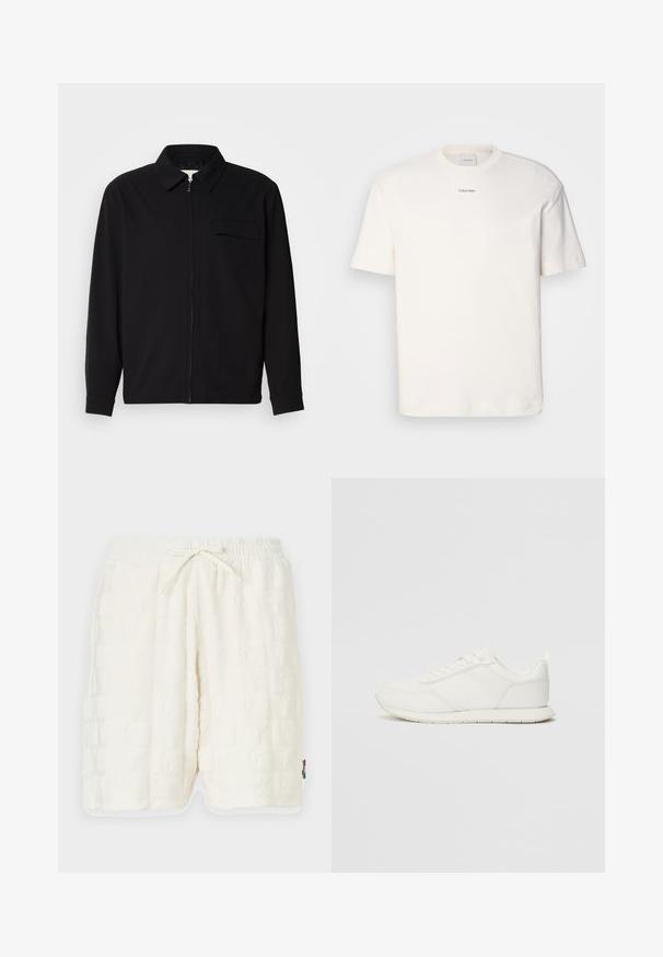 Svart langermet skjorte med krage, frontlås og brystlomme. Laget av teksturert stoff med en avslappet passform.; Hvit bomulls T-skjorte med rund hals, korte ermer og brodert "Calvin Klein" logo i midten av brystet. Enkel design.; Hvite teksturerte shorts med et preget mønster. Elastisk midje med snøring. Lommer i siden og kontrastfarge på kanten.; Hvit sneaker med en mesh- og syntetisk overdel, rund tå, flate lisser og en teksturert sidestropp. Gummisåle med en pull-tab bak.