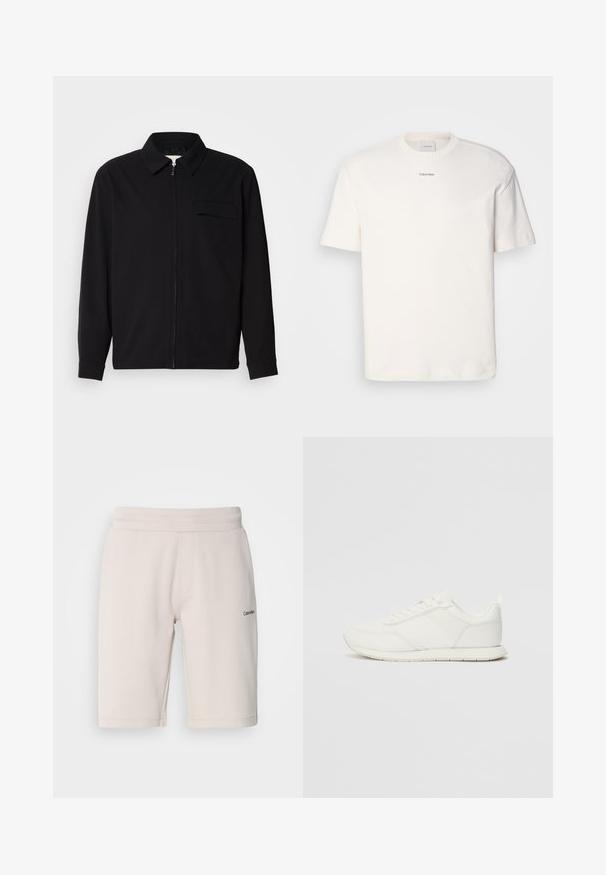 Melna garām piedurknēm krekls ar apkakles izgriezumu, priekšējo rāvējslēdzēju un krūšu kabatu. Izgatavots no teksturēta auduma ar brīvu piegriezumu.; Balta kokvilnas T-kreklu ar apaļu kaklu, īsām piedurknēm un izšūtu "Calvin Klein" logotipu krūšu centrā. Vienkāršs dizains.; Gai beige sporta šorti, izgatavoti no kokvilnas un sintētisko šķiedru maisījuma, ar elastīgu jostasvietu, sānu kabatām un mazu melnu logo detaļu uz vienas kājas.; Baltie sporta apavi ar mežģīņu un sintētisko augšdaļu, apaļu purngalu, plakanu mežģīņu un teksturētu sānu joslu. Gumijas zole ar cilpu aizmugurē.