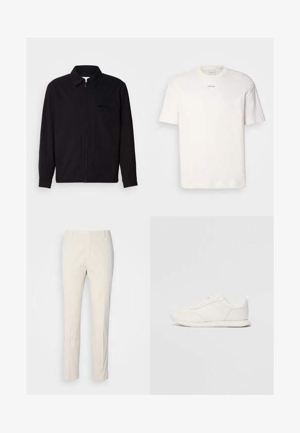 Must valgade varrukatega must särk, millel on krae, ees tõmbluku sulgemine ja rinna tasku. Valmistatud tekstuurilisest kangast ning mugav lõige.; Valge puuvillane T-särk, millel on ümar kaelus, lühikesed varrukad ning rinnas keskel tikitud "Calvin Klein" logo. Üksluisus.; Kreemjas toonis kohandatud püksid tekstuuriga kangast. Omab sirge lõike disaini, vöökonste ja kahte eesmist taskut. Mustriteta.; Valged tennisesid, millel on võrgust ja sünteetilisest materjalist ülemine osa, ümar varvas, lamedad paelad ja tekstureeritud külgmine triip. Kummist tallaosa, tagaküljel tõmbetab.