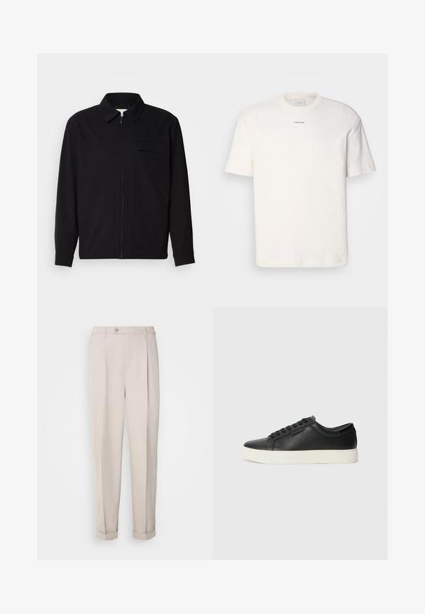 Czarna koszula z długim rękawem z kołnierzykiem, z zapięciem na suwak z przodu oraz kieszonką na piersi. Wykonana z teksturowanej tkaniny o luźnym kroju.; Biała bawełniana koszulka z okrągłym dekoltem, krótkimi rękawami i haftowanym logo "Calvin Klein" na środku klatki piersiowej. Prosty wzór.; Beżowe spodnie z gładkiego materiału, o prostym kroju, z jednym zakładką i podwiniętymi mankietami. Zawierają zapięcie na guzik z przodu.; Czarne skórzane sneakersy z perforowaną fakturą, okrągłym czubkiem i płaską, białą gumową podeszwą. Posiadają czarne sznurówki i subtelne logo po boku.