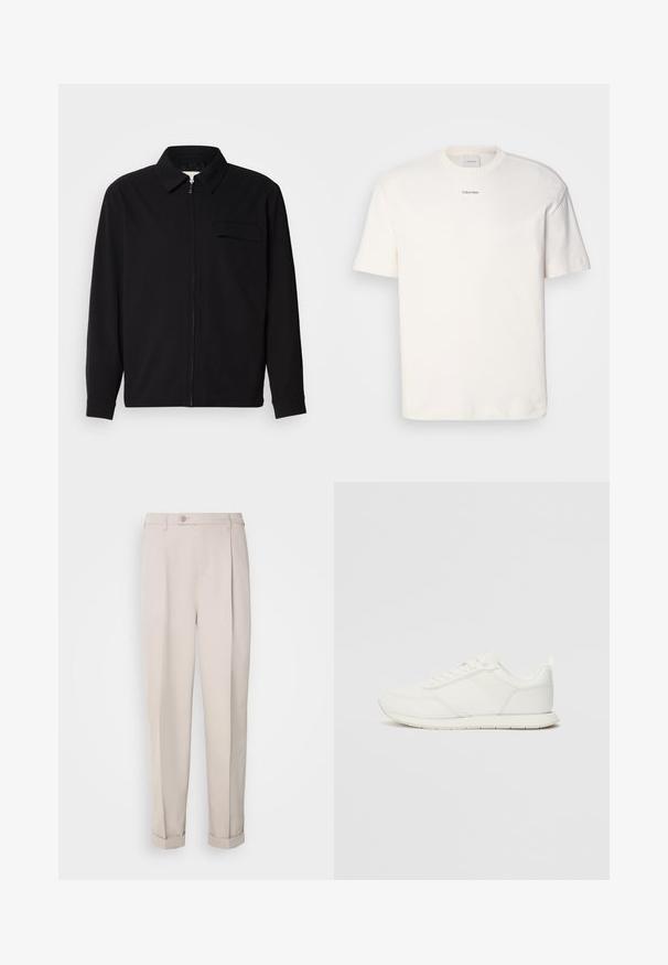 Czarna koszula z długim rękawem z kołnierzykiem, z zapięciem na suwak z przodu oraz kieszonką na piersi. Wykonana z teksturowanej tkaniny o luźnym kroju.; Biała bawełniana koszulka z okrągłym dekoltem, krótkimi rękawami i haftowanym logo "Calvin Klein" na środku klatki piersiowej. Prosty wzór.; Beżowe spodnie z gładkiego materiału, o prostym kroju, z jednym zakładką i podwiniętymi mankietami. Zawierają zapięcie na guzik z przodu.; Białe trampki z siateczkową i syntetyczną cholewką, okrągłym noskiem, płaskimi sznurowadłami oraz teksturowanym paskiem bocznym. Gumowa podeszwa z pętelką z tyłu.