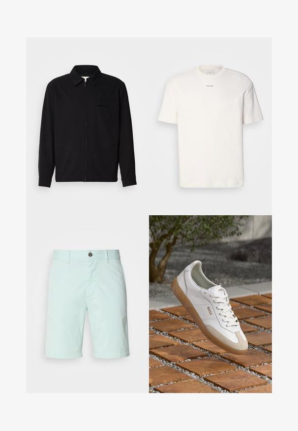 Černá dlouhá rukávová košile s límečkem, předním zipovým uzávěrem a kapsou na hrudi. Vyrobená z texturované tkaniny s uvolněným střihem.; Bílá bavlněná tričko s kulatým výstřihem, krátkými rukávy a vyšitým logem "Calvin Klein" na prostředku hrudi. Jednoduchý design.; Svetle mátové kraťasy vyrobené z bavlny, s zipem, knoflíkovým zapínáním a bočními kapsami. Hladká textura s ležérním designem.; Bílé kožené tenisky s béžovými semišovými detaily, s kulatou špičkou, šněrovacím předním dílem a hnědou gumovou podrážkou, zobrazující jméno značky "BOSS."