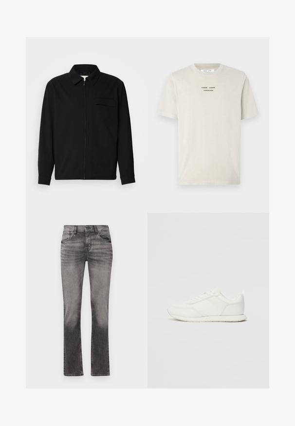 Černá dlouhá rukávová košile s límečkem, předním zipovým uzávěrem a kapsou na hrudi. Vyrobená z texturované tkaniny s uvolněným střihem.; Svetle béžové bavlněné tričko s krátkým rukávem, kulatým výstřihem a černým potiskem "SAMSE SAMSØ COPENHAGEN" umístěným na hrudi.; Šedé džíny s volným střihem a vybledlým vzhledem, s mírným pasem, designem s pěti kapsami a rovnými nohavicemi. Dokončeno kontrastním prošíváním.; Bílé tenisky s vrchní částí z síťoviny a syntetického materiálu, kulatou špičkou, plochými tkaničkami a texturovaným bočním pruhem. Gumová podrážka s poutkem vzadu.