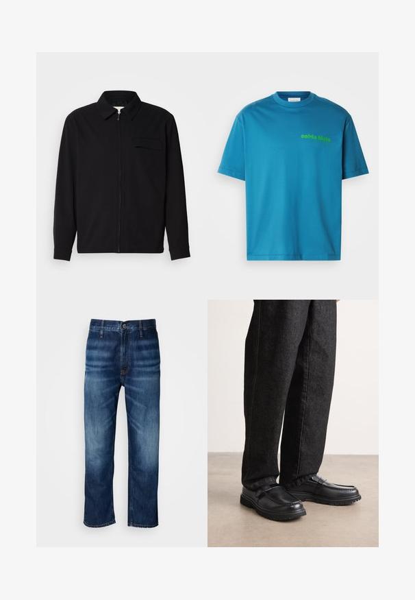 Svart langermet skjorte med krage, frontlås og brystlomme. Laget av teksturert stoff med en avslappet passform.; Turkis bomull t-skjorte, med rund hals, korte ermer, med et grønt "calvin klein"-logo trykt på forsiden. Glatt tekstur.; Mørkeblå straight-leg denimjeans med subtil falming på lårene og en knappelukking i midjen, vist på en hvit bakgrunn.; Sorte lærskofe med struktureret overflade, med hævede søm-design og en solid gummisål, båret sammen med mørke denimbukser.