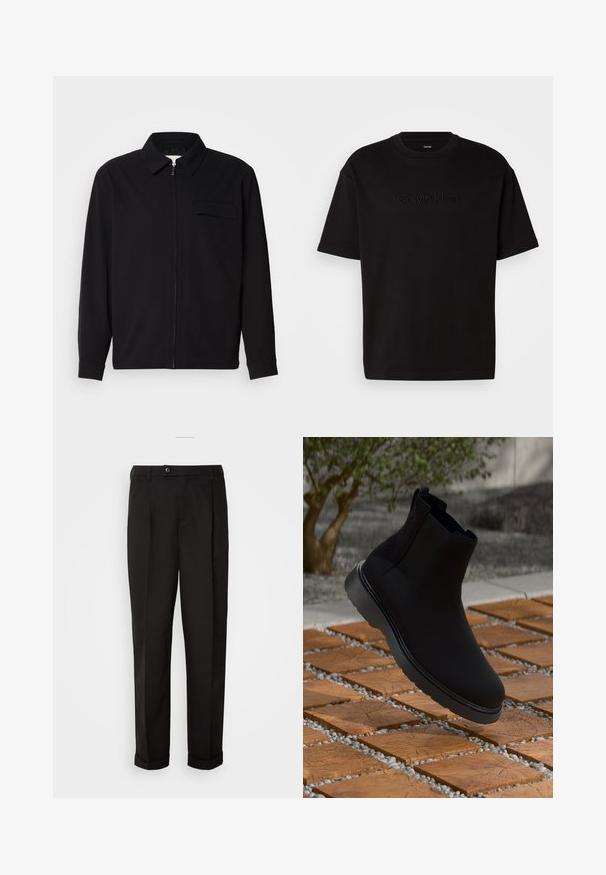 Černá dlouhá rukávová košile s límečkem, předním zipovým uzávěrem a kapsou na hrudi. Vyrobená z texturované tkaniny s uvolněným střihem.; Černé bavlněné tričko s krátkým rukávem, se zdobeným logem "Calvin Klein" na přední straně, kulatým výstřihem a volným střihem.; Černé kalhoty s hladkou texturou, rázovaného střihu, dvěma předními kapsami a jedním knoflíkovým zapínáním v pase.; Černé kotníkové boty vyrobené z hladkého materiálu s jemným prošíváním, gumovou podrážkou a elegantním designem, umístěné na povrchu s dřevěnou texturou.