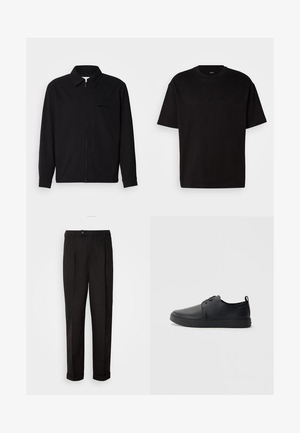 Melna garām piedurknēm krekls ar apkakles izgriezumu, priekšējo rāvējslēdzēju un krūšu kabatu. Izgatavots no teksturēta auduma ar brīvu piegriezumu.; Melnas kokvilnas t-krekls ar īsām piedurknēm, priekšpusē ar reljefu "Calvin Klein" logotipu, apaļš kakla izgriezums un brīvs piegriezums.; Melnas bikses ar gludu tekstūru, diviem priekšējiem kabatām, taisnas griezuma un ar vienu pogu vidukļa daļā.; Melnas ādas kedas ar gludu apdari, noapaļota purngala, tonāla šuvēm, auklu fronti un plakanu gumijas zoli. Cilpa pie papēža.