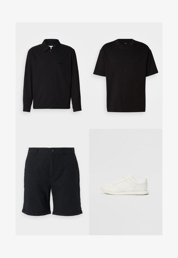 Must valgade varrukatega must särk, millel on krae, ees tõmbluku sulgemine ja rinna tasku. Valmistatud tekstuurilisest kangast ning mugav lõige.; Must muströöpidega must puuvillane t-särk, millel on esiküljel reljeefne "Calvin Klein" logo, ümmargune kaelus ja lõdvestunud istuvus.; Mustast linast valmistatud lühikesed püksid nööbiga sulgemisega, millel on rullitud servad ja küljetaskud, pakkudes tekstuurset viimistlust ja juhuslikku disaini.; Valged tennisesid, millel on võrgust ja sünteetilisest materjalist ülemine osa, ümar varvas, lamedad paelad ja tekstureeritud külgmine triip. Kummist tallaosa, tagaküljel tõmbetab.