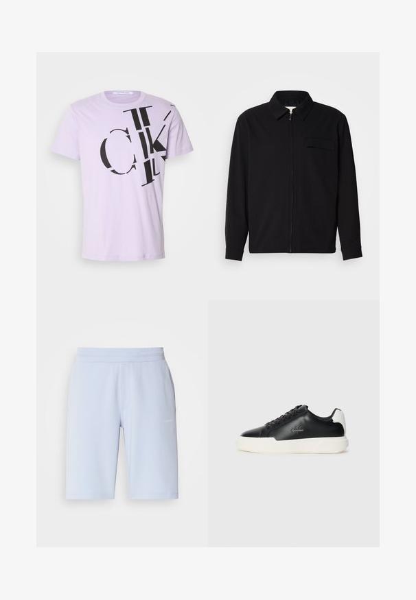 Camisa preta de manga longa com gola, fecho frontal com zíper e bolso no peito. Feita de um tecido texturizado com um corte descontraído.; Calvin Klein Jeans REGULAR FIT SCATTERED LOGO - T-shirt estampada - pastel lilac; Calções atléticos azul claro feitos de tecido macio, com um cós elástico e bolsos laterais. Pequeno detalhe de logótipo na frente.; Tênis de couro preto com sola de borracha branca. Possui bico redondo, design com atacadores e detalhe do logo na lateral. Acento traseiro em branco.