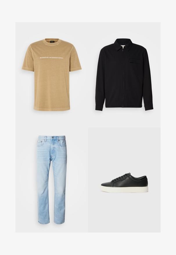 Černá dlouhá rukávová košile s límečkem, předním zipovým uzávěrem a kapsou na hrudi. Vyrobená z texturované tkaniny s uvolněným střihem.; Béžové bavlněné tričko s krátkým rukávem a kulatým výstřihem, s bílým textem "BARBOUR INTERNATIONAL" napříč hrudí. Hladká textura.; Světle modré džíny s rovnou nohavicí, s vybledlými částmi, pěti kapsami a klasickým zapínáním na knoflík.; Černé kožené tenisky s perforovanou texturou, kulatou špičkou a plochou bílou gumovou podrážkou. Mají černé tkaničky a jemné logo na boční straně.