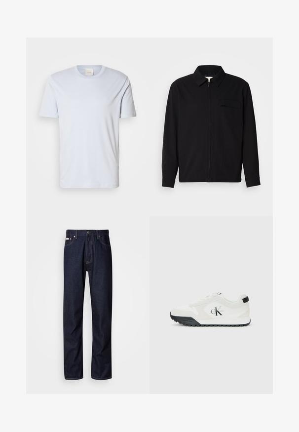 Melna garām piedurknēm krekls ar apkakles izgriezumu, priekšējo rāvējslēdzēju un krūšu kabatu. Izgatavots no teksturēta auduma ar brīvu piegriezumu.; Gaiši zilas kokvilnas T-krekls ar apaļu kakla izgriezumu, īsām piedurknēm un niecīgu logotipa detaļu kreisajā krūtī. Vienmērīga tekstūra visā virsmā.; Tumši zilie džinsi ar taisnas kājas piegriezumu, ar pogu aizdari, pieciem kabatām un kontrastējošām aizšuvēm.; Calvin Klein balti čības ar melnu zoli, zamša un acu paneļiem, CK logo uz sāniem, kā arī Calvin Klein zīmols uz papēža un zoles.