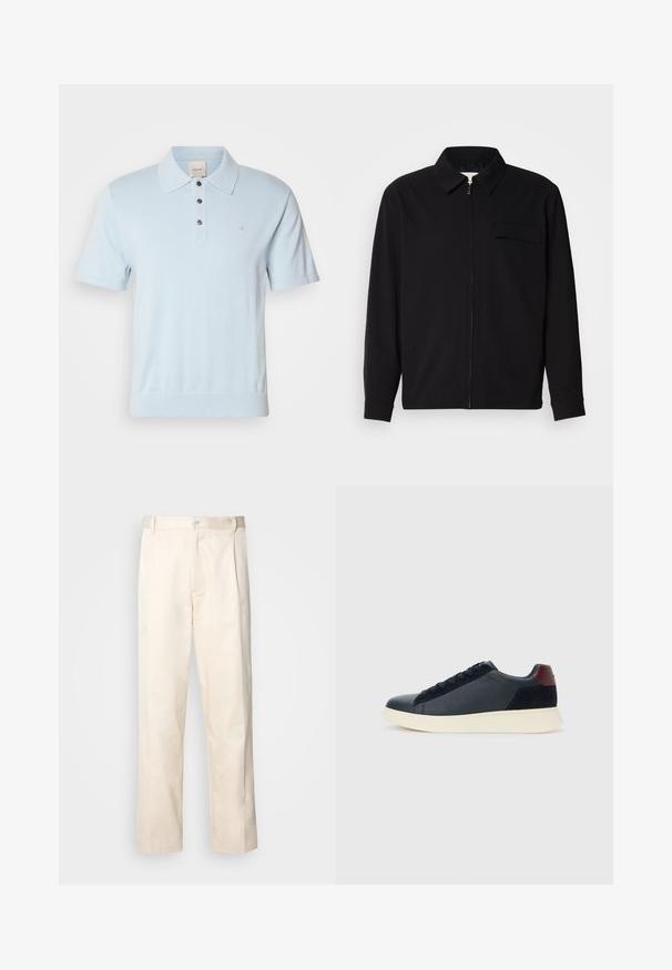 Fekete, hosszú ujjú póló, gallérral, elülső cipzárral és mellzsebbel. Texturált anyagból készült, laza szabású.; Világoskék pólóing rövid ujjakkal, gallérral, három gombos gombolással és egy diszkrét logóval a mellrészen. Puha kötött anyag.; Beige pamut nadrág egyenes szárú kivágással, gombos záródással és elülső redőkkel a részletek fokozása érdekében.; Fekete bőr és velúr alacsony szárú férfi sneaker, bordó sarokpanellel és fehér gumi talppal, oldalnézetből.