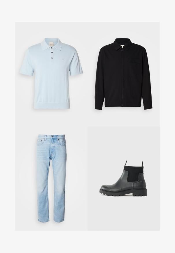 Fekete, hosszú ujjú póló, gallérral, elülső cipzárral és mellzsebbel. Texturált anyagból készült, laza szabású.; Világoskék pólóing rövid ujjakkal, gallérral, három gombos gombolással és egy diszkrét logóval a mellrészen. Puha kötött anyag.; Világoskék farmernadrág egyenes fazonnal, kopott részletekkel, öt zsebes kialakítással és klasszikus gombos zipzárral.; Fekete, matt felületű, gumiból készült bokacsizmák, amelyek letisztult dizájnnal, rugalmas panelekével és vastag talppal rendelkeznek a tapadás érdekében.