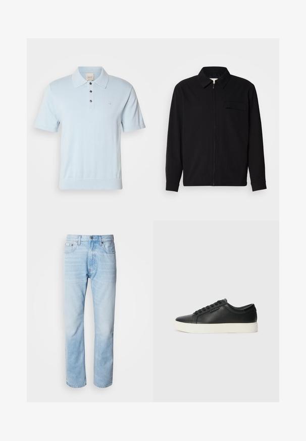 Svart langermet skjorte med krage, frontlås og brystlomme. Laget av teksturert stoff med en avslappet passform.; Lys blå polo-shirt med korte ærmer, krave, tre-knaps lukning og en subtil logo på brystet. Blødt strikstof.; Lyseblå denimjeans med strak benkutt, med falmede seksjoner, femlommerdesign og en klassisk knappestol.; Sorte lær sneakers med perforert tekstur, rund tå og flat hvit gummisåle. Har sorte snørebånd og en subtil logo på siden.