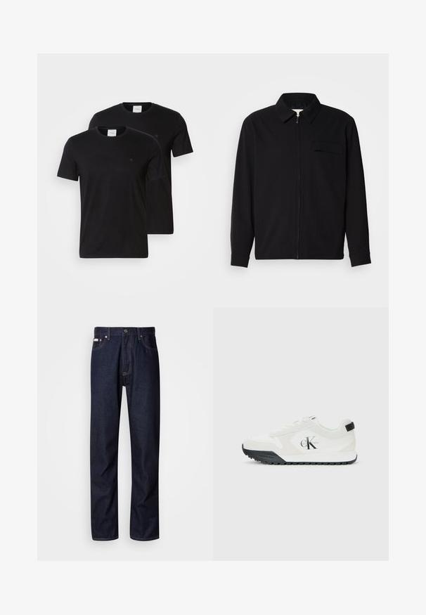 Čierna košeľa s dlhým rukávom, so golierom, predným zipsom a vreckom na hrudi. Vyrobená z textúrovanej tkaniny s voľným strihom.; Čierne bavlnené tričká s okrúhlym výstrihom a krátkymi rukávmi. Obsahuje malé logo na hrudi. Dodávané v balení po dvoch.; Tmavomodré jeans z denimu so strihom s rovnými nohavicami, obsahujúce zapínanie na gombíky, päť vreciek a kontrastné stehy.; Biele tenisky Calvin Klein s čiernou podrážkou, semišovými a sieťovinovými panelmi, logo CK na boku a značkovanie Calvin Klein na päte a podrážke.