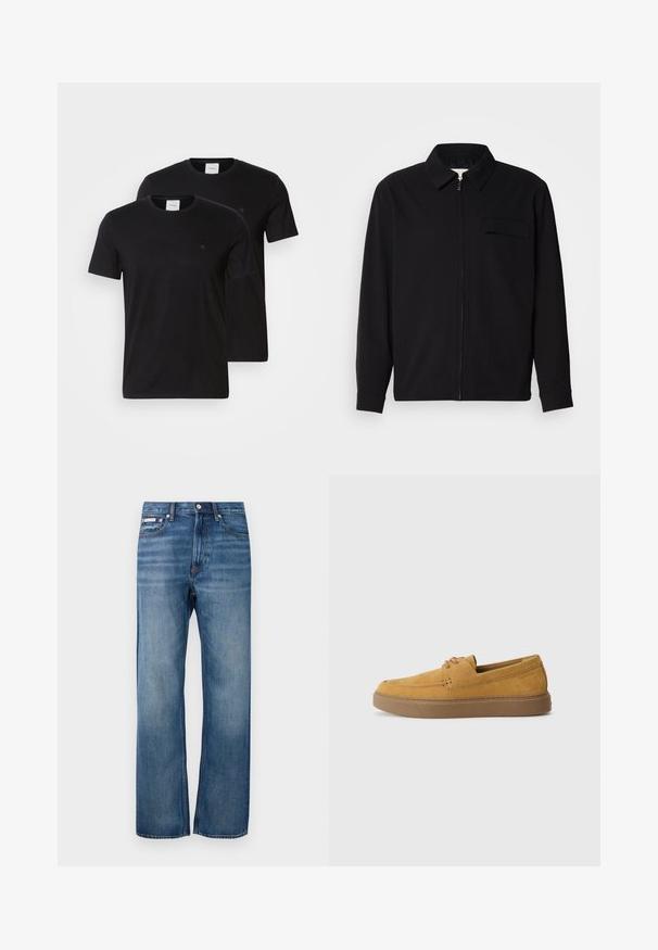 Juodas ilgomis rankovėmis marškinis, turintis apykaklės iškirptę, priekinį užtrauktuką ir krūtinės kišenę. Pagamintas iš tekstūruoto audinio, turinčio laisvą kirpimą.; Juodi medvilniniai marškinėliai su apykakle ir trumpomis rankovėmis. Su mažuoju logotipu ant krūtinės. Tiekiami po du.; Mėlyni tiesaus kirpimo džinsai su šiek tiek išblukimu, priekinis mygtukų užsegimas ir mažas logotipo ženkliukas dešinėje priekinėje kišenėje.; Rudos zomšos slip-on tipo batai su tekstūru, apvalia nosia ir kontrastinga gumine išorine dalimi. Yra subtilus ženklas netoli kulno.