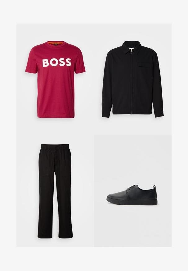 Svart langermet skjorte med krage, frontlås og brystlomme. Laget av teksturert stoff med en avslappet passform.; BOSS THINKING - T-shirts med print - open red; Svart bukser med avslappet passform, laget av lett stoff. Har elastisk midjebånd, knapplukking og to frontlommer.; Svart lær sneakers med glatt overflate, rund tå, tonede sømmer, snøring foran og flat gummisåle. Løkke på hælen.
