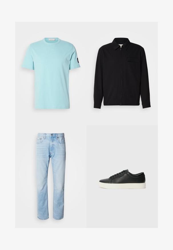 Camisa negra de manga larga que presenta un cuello con solapa, cierre frontal con cremallera y un bolsillo en el pecho. Fabricada con una tela texturizada y un corte holgado.; Camiseta de algodón de color azul claro con mangas cortas, cuello redondo y un detalle cosido en el cuello. Presenta un pequeño logotipo negro en la manga.; Vaqueros de mezclilla azul claro con corte recto, con secciones desgastadas, diseño de cinco bolsillos y cierre de botones clásico.; Zapatillas de cuero negro con textura perforada, puntera redonda y suela plana de goma blanca. Presenta cordones negros y un logo sutil en el costado.