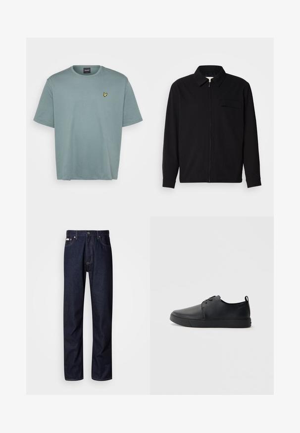 Czarna koszula z długim rękawem z kołnierzykiem, z zapięciem na suwak z przodu oraz kieszonką na piersi. Wykonana z teksturowanej tkaniny o luźnym kroju.; Jasnozielona koszulka z krótkim rękawem, wykonana z bawełny. Posiada okrągły dekolt oraz małe żółte haftowane logo po lewej stronie na klatce piersiowej.; Granatowe dżinsy o prostym kroju nogawek, z guzikiem zamiast zamka, pięcioma kieszeniami oraz kontrastowymi detalami w szyciu.; Czarne skórzane sneakersy o gładkim wykończeniu, zaokrąglonym nosku, tonalnym przeszyciu, sznurowanym przodzie oraz płaskiej gumowej podeszwie. Pętla na pięcie.