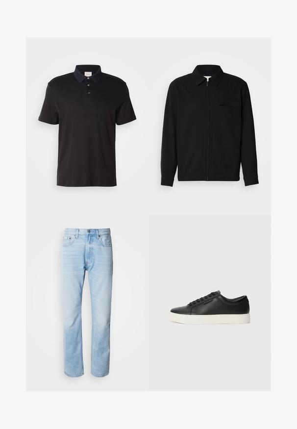 Camisa preta de manga longa com gola, fecho frontal com zíper e bolso no peito. Feita de um tecido texturizado com um corte descontraído.; Polo preto em algodão, com colarinho clássico, fechamento de três botões, mangas curtas e detalhe do logótipo discreto na frente.; Jeans de ganga azul clara com corte reto, apresentando seções desbotadas, design de cinco bolsos e um fecho clássico com botão.; Sneakers de couro preto com textura perfurada, bico redondo e sola de borracha branca plana. Apresenta atacadores pretos e um logótipo discreto na lateral.