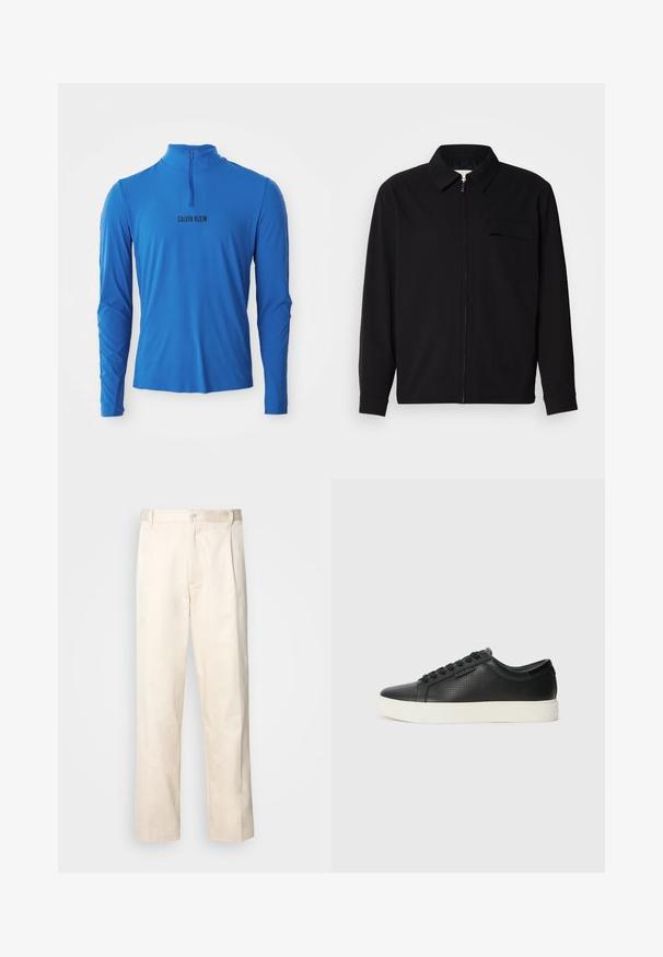 Black long-sleeve shirt featuring a collared neckline, front zip closure, and a chest pocket. Made of textured fabric with a relaxed fit.; Long-sleeve, quarter-zip top in bright blue, featuring a smooth texture and the printed brand name "CALVIN KLEIN" in black on the front.; Beige cotton trousers with a straight-leg cut, featuring a button closure and pleats at the front for added detail.; Black leather sneakers with perforated texture, round toe, and flat white rubber sole. Features black laces and a subtle logo on the side.