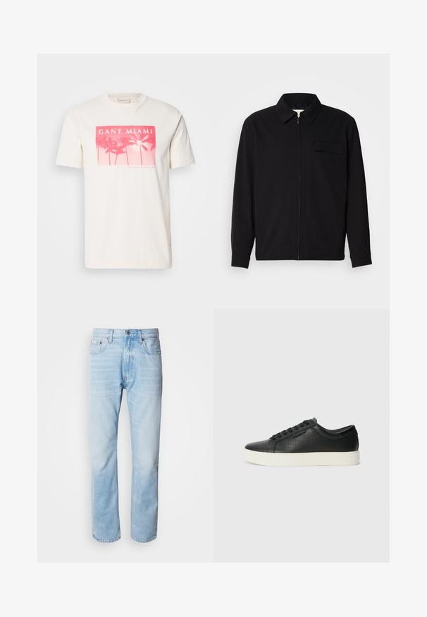 Zwarte lange mouwen shirt met een kraaghals, voorste rits sluiting en een borstzak. Gemaakt van een gestructureerde stof met een relaxte pasvorm.; Witte katoenen t-shirt met een roze graphic print van palmbomen en de tekst "GANT MIAMI". Korte mouwen en een ronde halslijn.; Lichtblauwe denim jeans met een rechte pijp, met vervaagde delen, vijf-pocket ontwerp en een klassieke knoopsluiting.; Zwarte leren sneakers met geperforeerde structuur, ronde neus en platte witte rubberen zool. Voorzien van zwarte veters en een subtiel logo aan de zijkant.