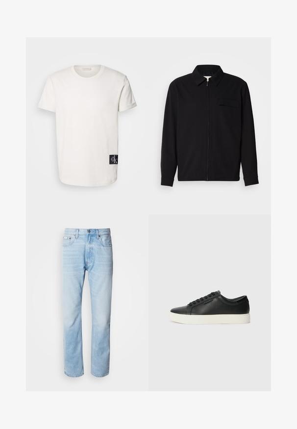 Cămașă neagră cu mânecă lungă, având guler, închidere cu fermoar pe față și buzunar pe piept. Fabricată dintr-un material texturat cu o croială lejeră.; Cămașă albă din bumbac, cu guler rotund și mâneci scurte, având o etichetă cu logo negru în partea stângă jos. Textură netedă și croială dreaptă.; Jeans din denim de culoare bleu deschis, cu croială dreaptă, prezentând secțiuni decolorate, design cu cinci buzunare și un sistem clasic de închidere cu buton.; Adidași din piele neagră cu textură perforată, vârf rotund și talpă plată din cauciuc alb. Au șireturi negre și un logo subtil pe lateral.