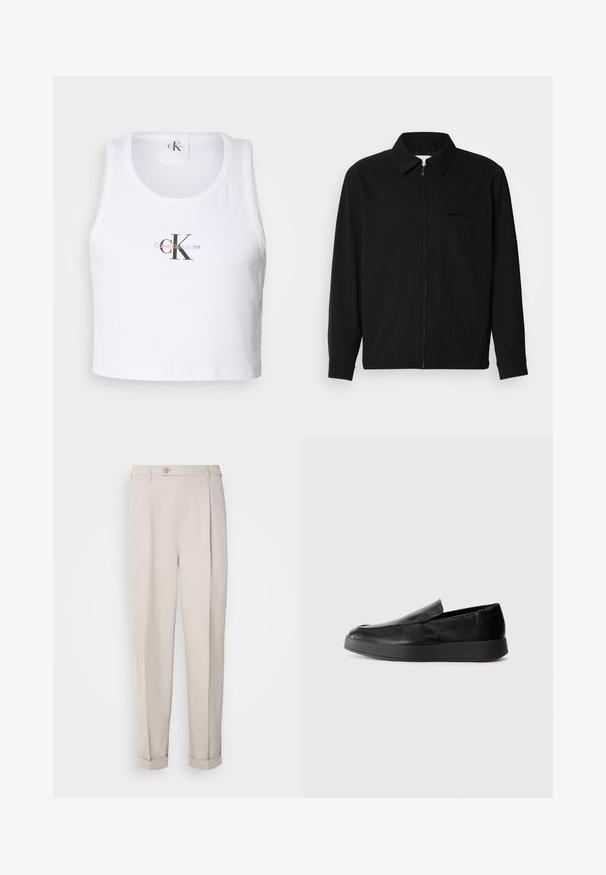 Camisa preta de manga longa com gola, fecho frontal com zíper e bolso no peito. Feita de um tecido texturizado com um corte descontraído.; Top de algodão branco com decote redondo, apresentando um logo multicolorido "Calvin Klein Jeans" e um proeminente "CK" em preto.; Calças bege feitas de tecido suave, com um corte reto, pregas simples e bainhas dobradas. Inclui um fecho de botão na frente.; Calvin Klein HYBRID CUP - Sapatos sem atacadores - triple black